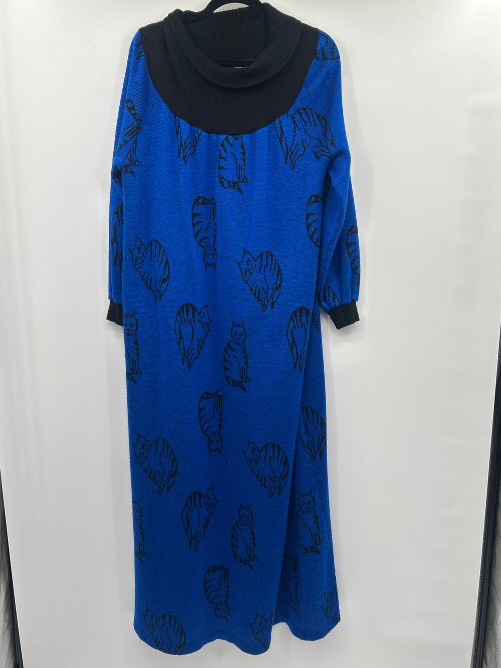Enticements USA Blue Cat Print Maxi Dress Womens Lagenlook Cowl Neck Artsy L?
